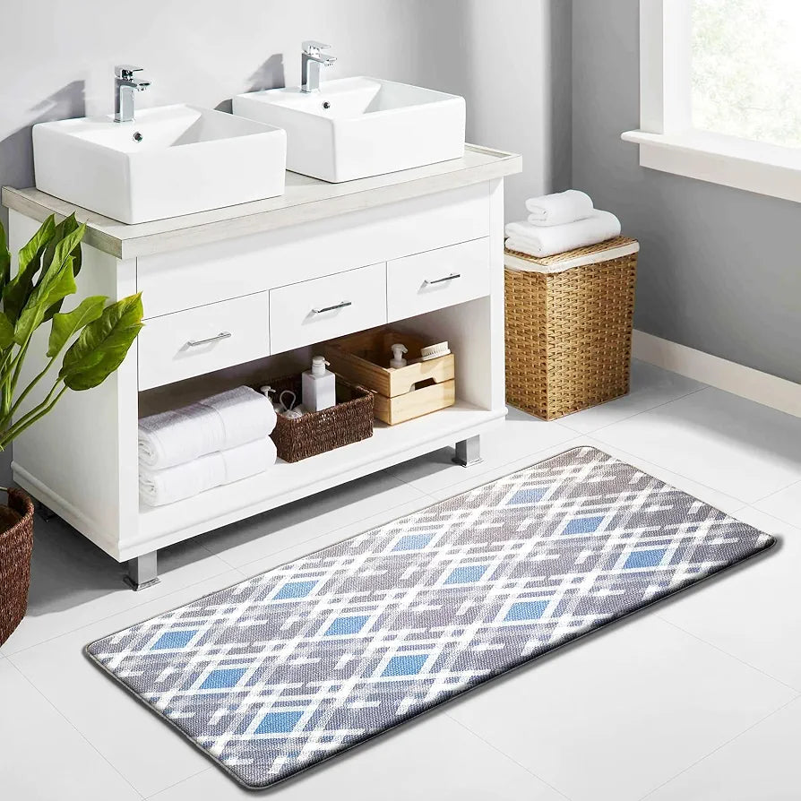 Luxe Home Columbo Anti-Fatigue Kitchen Mat - 51x99 cm Non-Slip Cushioned Comfort Mat - Blue Plaid Pattern Standing Desk Mat - Waterproof and Easy to Clean for Home and Office